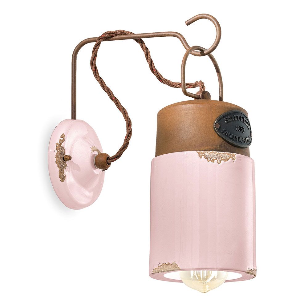 Ferroluce Industrial Wandlampe in einzigartigem Design mit rosa Keramik und Metall für mediterranes Ambiente.