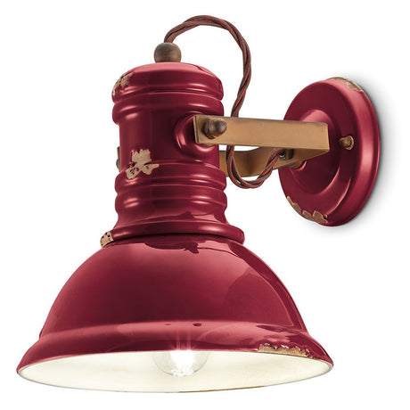 Ferroluce Industrial Wandleuchte in rot mit Metall- und Keramikelementen, handgefertigt und im Vintage-Stil.