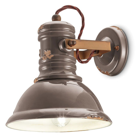 Ferroluce Industrial Wandleuchte in Retro-Design aus Metall und Keramik, handgefertigte Wandlampe in Braun.