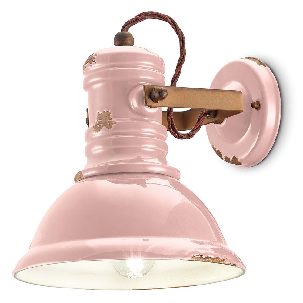 Ferroluce Industrial Wandleuchte in Rosa, handgefertigte Vintage-Wandlampe aus Metall und Keramik.