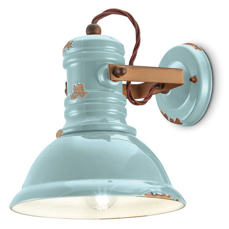 Ferroluce Industrial Wandleuchte in pastellblau mit Metall und Keramik für ein rustikales Ambiente.