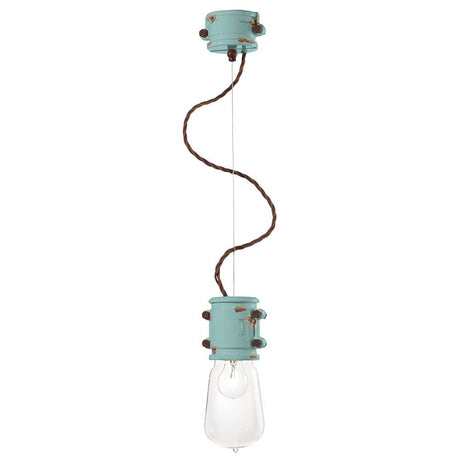 Ferroluce Urban Hängeleuchte Ø 12cm in Vintage-Design, mit grüner Fassung und transparenter Glühbirne.