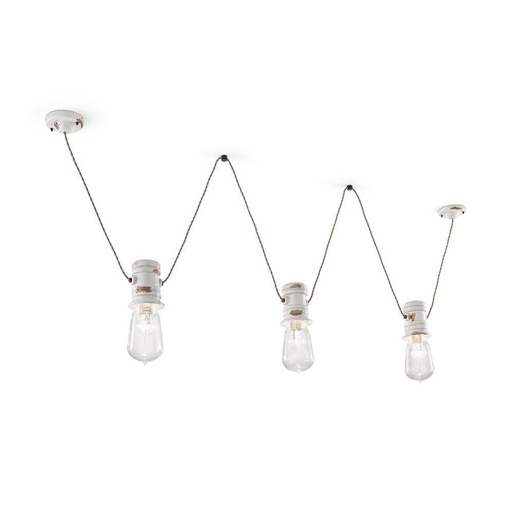 Ferroluce Urban 3-flammige Hängeleuchte aus handgemachter Keramik mit Textilkabel und Metall-Einsätzen.