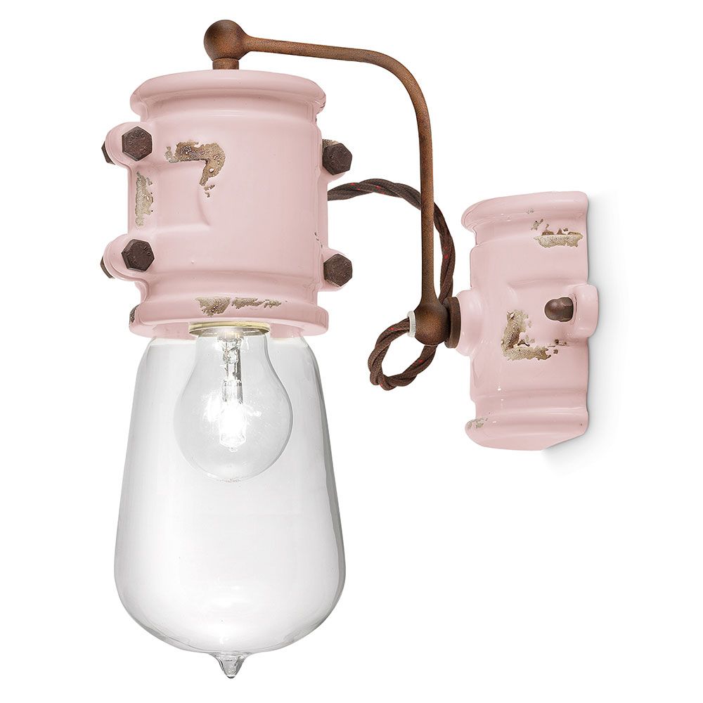 Ferroluce Urban Wandleuchte in sanftem Rosa mit vintage Design und klarer Glasschirm für stilvolle Beleuchtung.