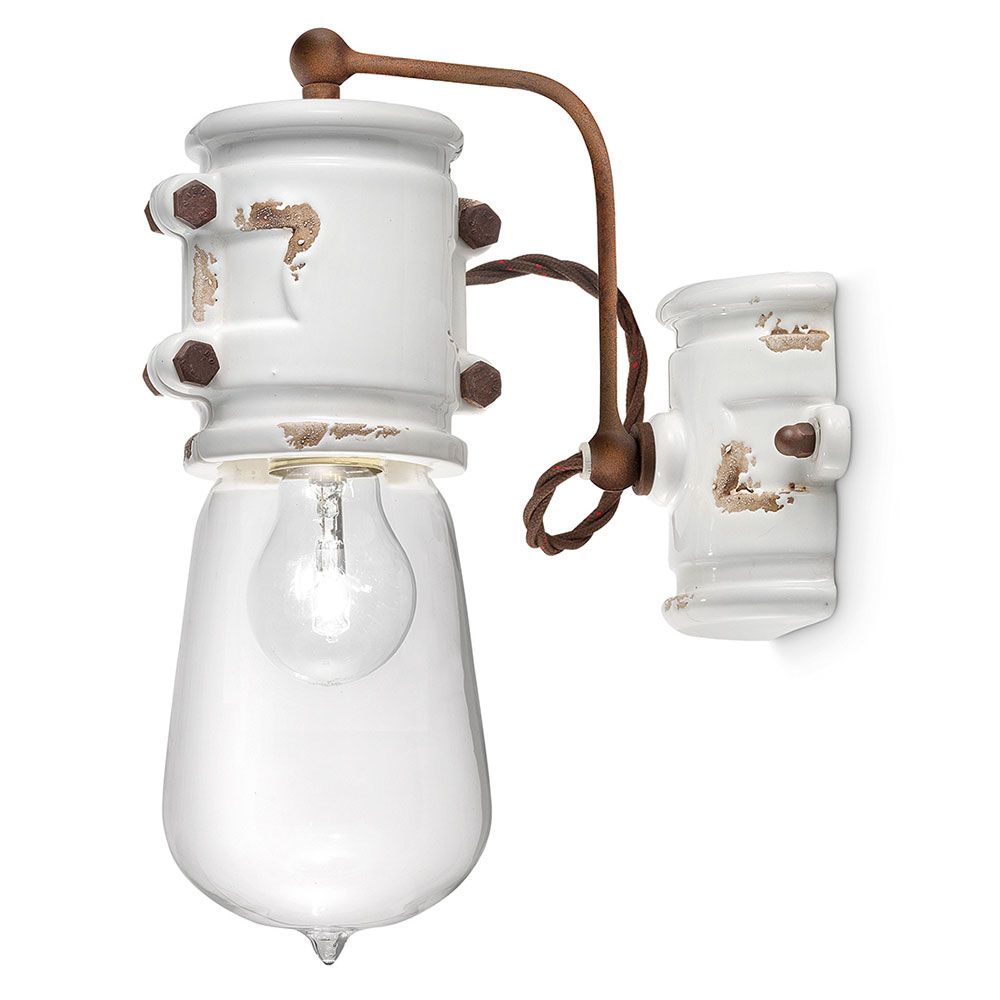 Ferroluce Urban Wandleuchte in Vintage-Design, weiße Keramik und transparentem Glas. Elegante Wandlampe für stilvolle Beleuchtung.