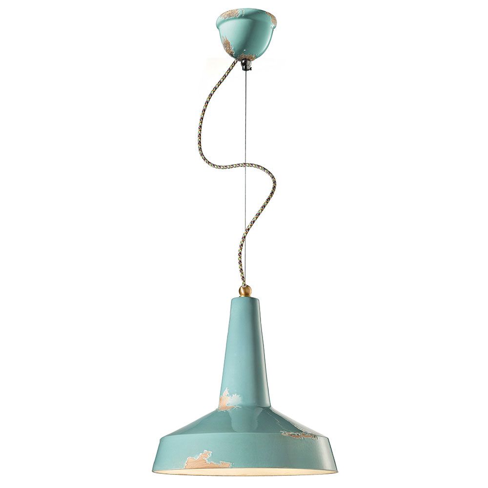 Ferroluce Vague-Vintage Hängeleuchte aus Keramik Ø 35cm in pastellblau mit dekorativen Details und einzigartigem Design.
