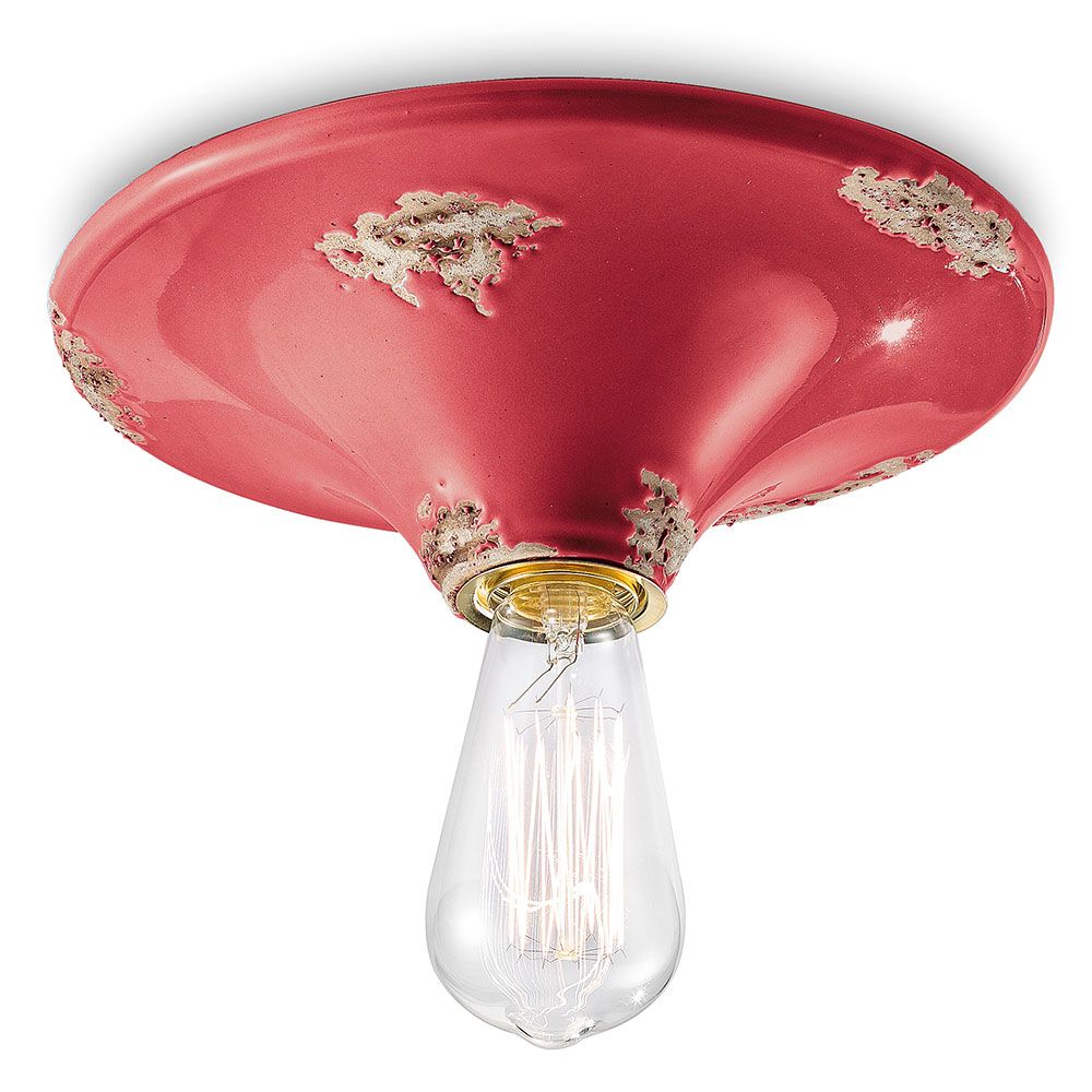 Ferroluce Vintage Keramik-Deckenleuchte Ø 25cm in rot mit dekorativem Design und Glühbirne.