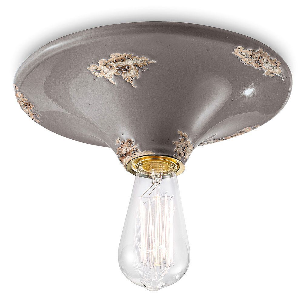 Ferroluce Vintage Keramik-Deckenleuchte Ø 25cm in grauem Finish mit dekorativen Elementen und sichtbarem Leuchtmittel.