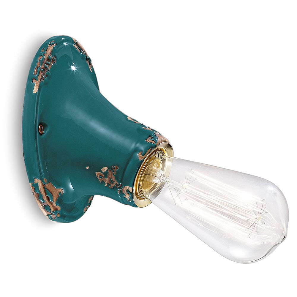 Ferroluce Vintage Wandlampe in Türkis mit goldener Fassung und einzigartigem, abgenutztem Vintage-Design.