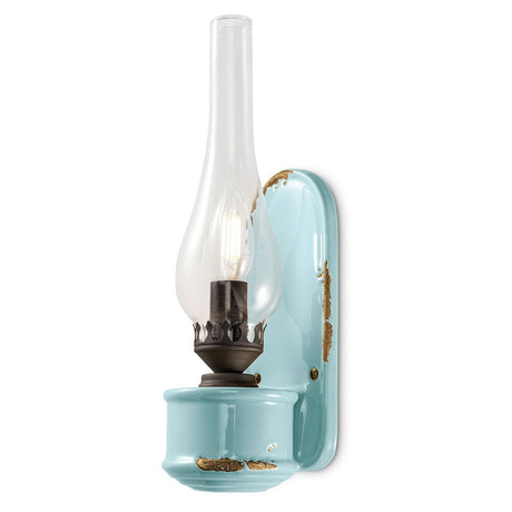 Ferroluce Vintage Keramikwandleuchte in Türkis, handgemachte Wandlampe im Öl-Lampen-Design.