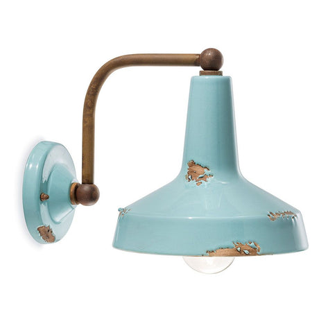 Ferroluce vegglampe Vintage i keramikk i turkis med antikk metallarm og slitt finish.