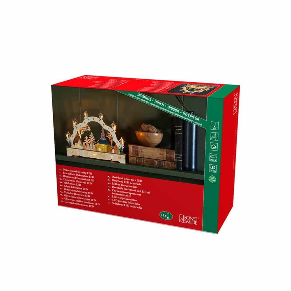 Festliche Holzsilhouette mit Kirche und Schneemann batteriebetrieben Braun in Geschenkverpackung.
