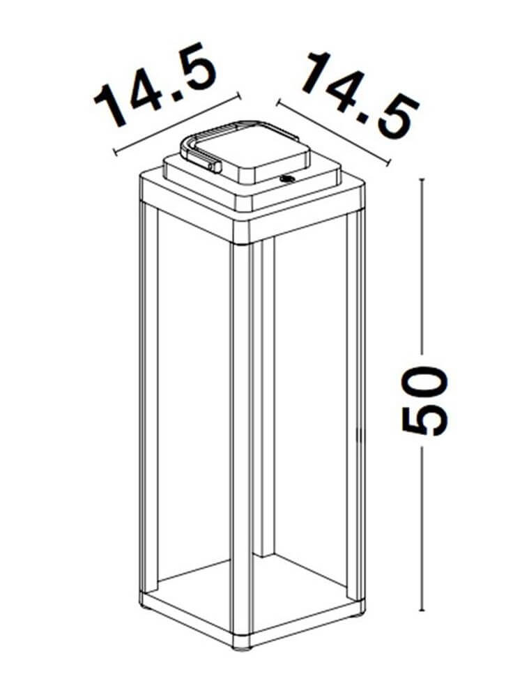 Abbildung der Figi LED Außenstehleuchte mit Abmessungen 14,5 cm x 14,5 cm x 50 cm, geeignet für Außenbereich.