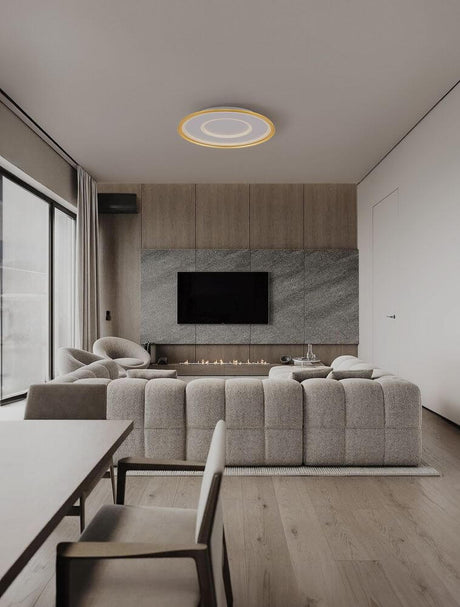 Plafonnier Figin LED à 2 lampes 2700 5000K blanc, doré dans un salon moderne au-dessus du canapé.