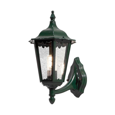 Aplique de exterior Firenze tipo farol superior verde con pantalla de vidrio y diseño decorativo.