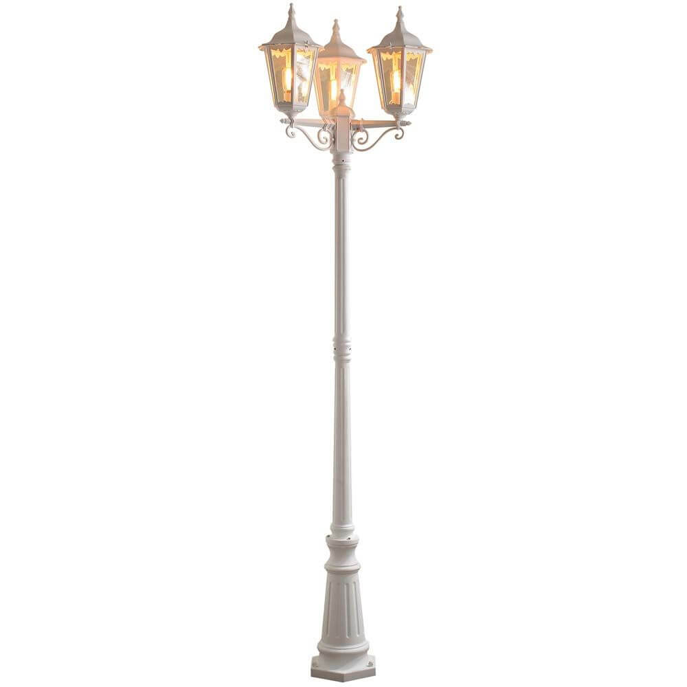 Firenze gulvlampe med 3 lampehoder hvit, klart glass i elegant design og klare glasselementer.