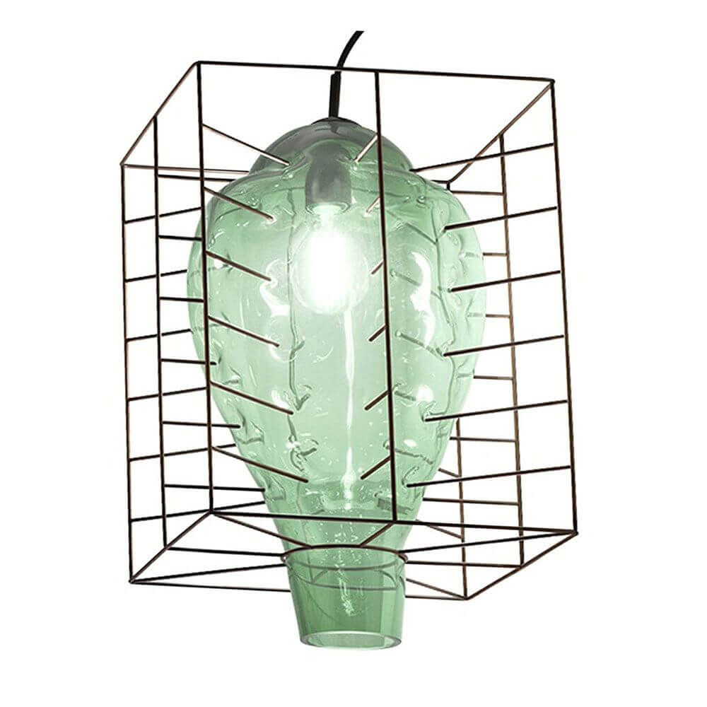 Attimo Außen-Hängelampe IP44 Muranoglas mit handgefertigtem, grünem Glas und Stahl-Gitterrahmen.