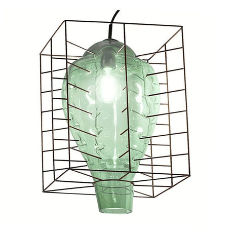 Lampe suspendue d’extérieur Attimo IP44 en verre de Murano avec verre vert fabriqué à la main et cadre en treillis d’acier.
