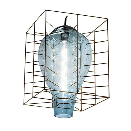 Lampe suspendue Attimo en verre de Murano dans une cage avec verre fondu et cadre en acier.