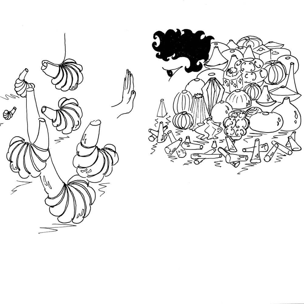 Illustration von skulpturalen Objekten und einer stylischen Frau mit einem kreativen Design.