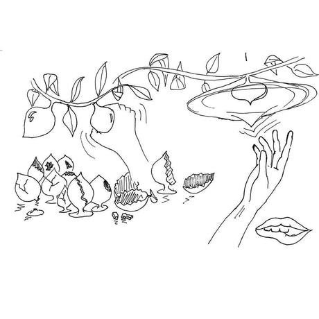 Illustration von Händen, die eine Pflanze mit hängenden Blüten berühren und verwelkte Elemente umgeben.