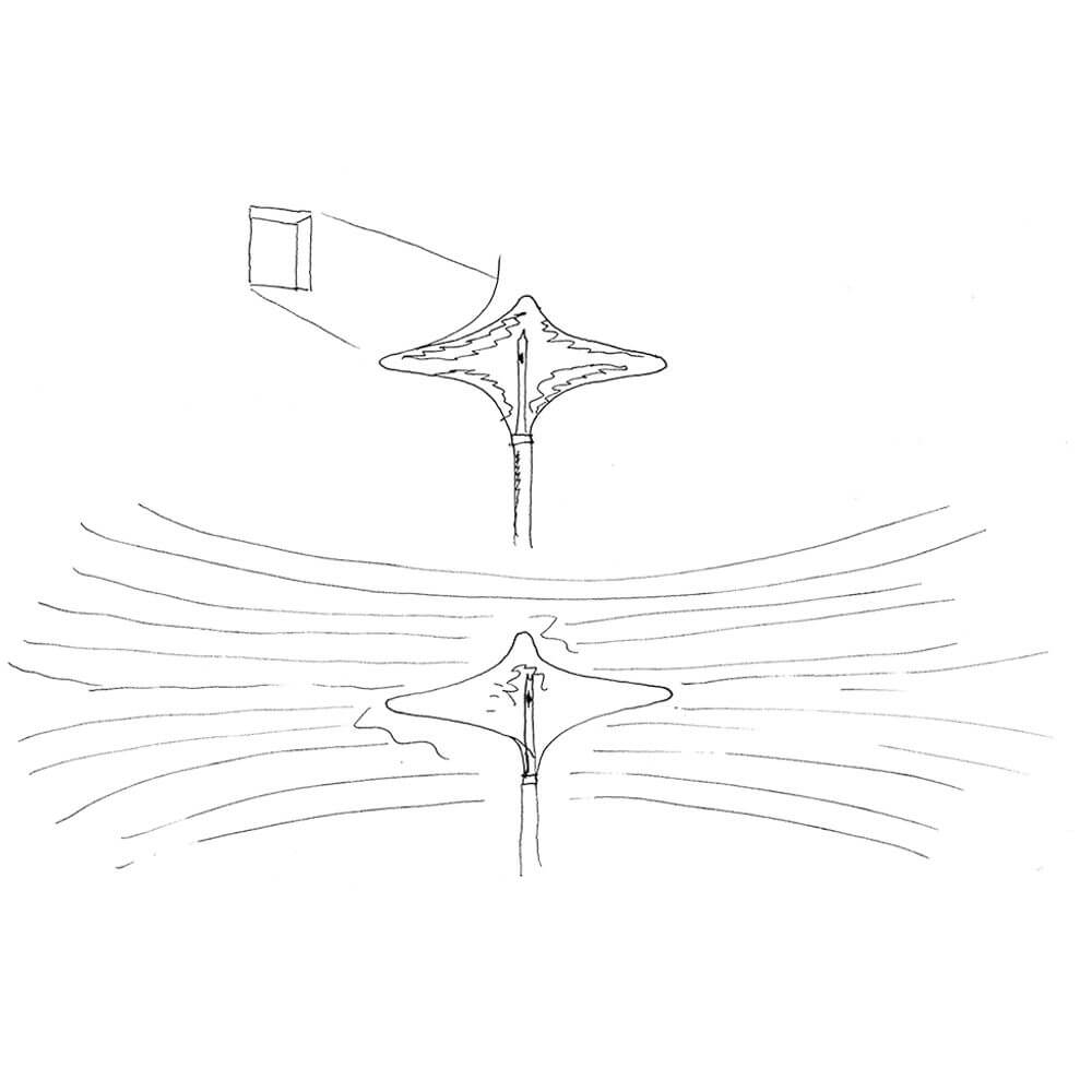 Skizze einer Essenza Hängeleuchte Brosilikatglas mit Lichtbrechungseffekt und moderner Form.