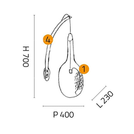 Technische Zeichnung der Luce Wandleuchte Oval Ø 23cm mit Maßen H 700mm, L 230mm, P 400mm.
