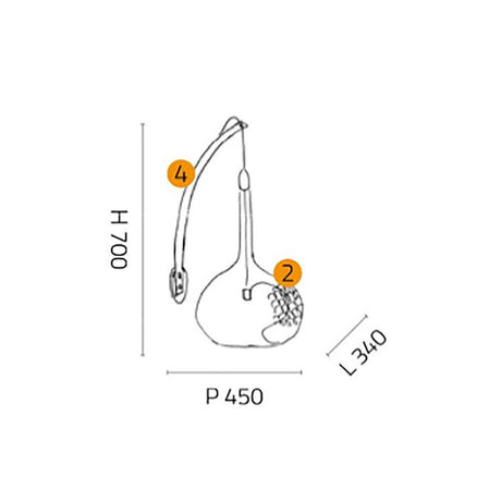 Luce Wandleuchte Rund Ø 34cm technische Zeichnung mit Abmessungen H 700mm, P 450mm, L 340mm.