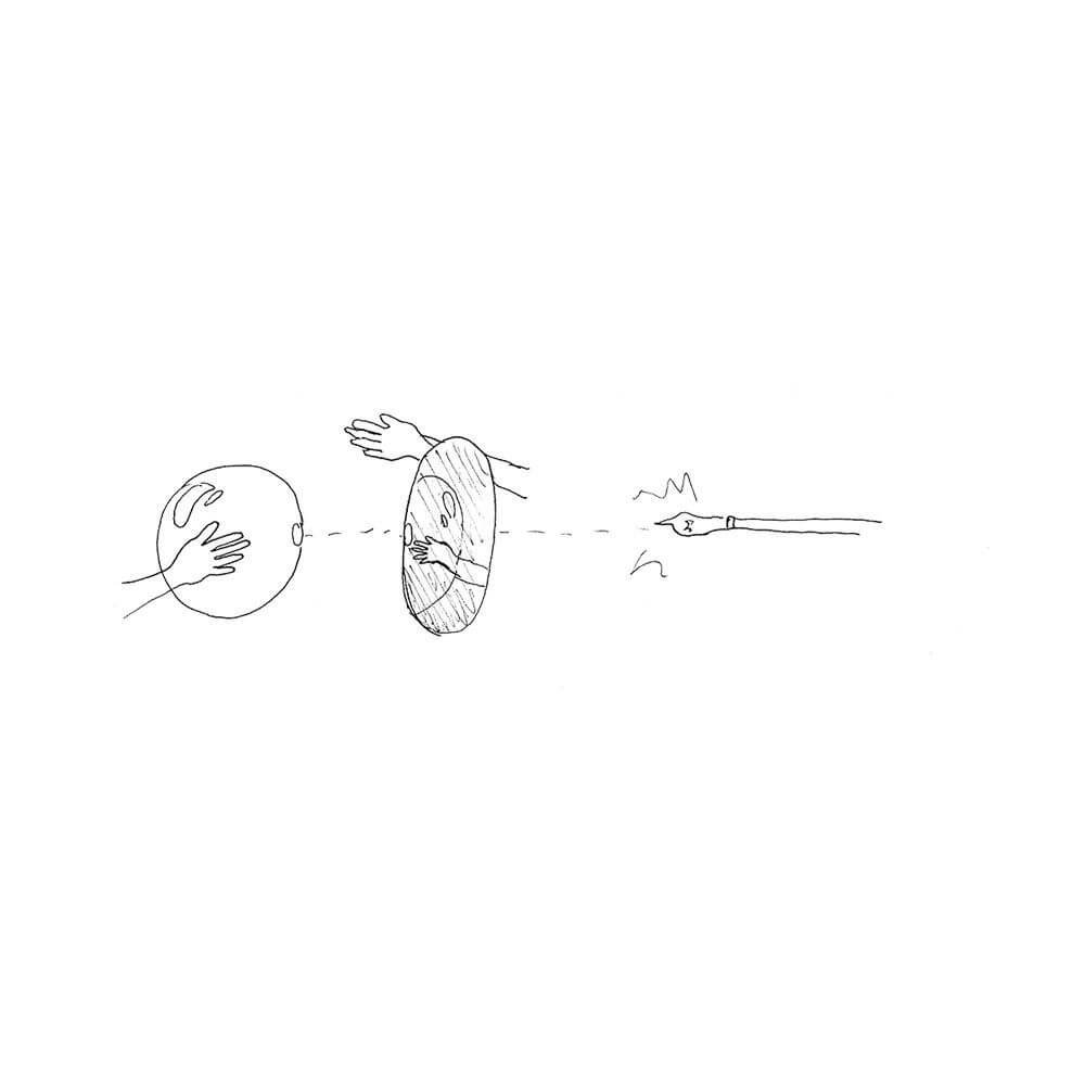 Illustration eines Experiments mit Händen, einer Kugel und einem Spiegel.