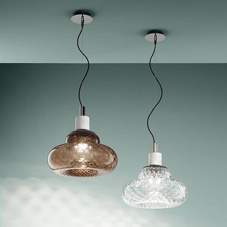 Versi Hängeleuchte venezianisches Glas in braunem und klarem Design mit Carrara-Marmor-Basis.