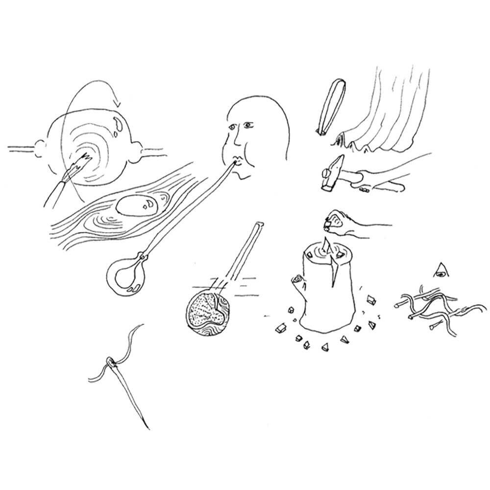 Illustration von verschiedenen Techniken im Glaskunst-Handwerk, einschließlich Blasen und Formen.