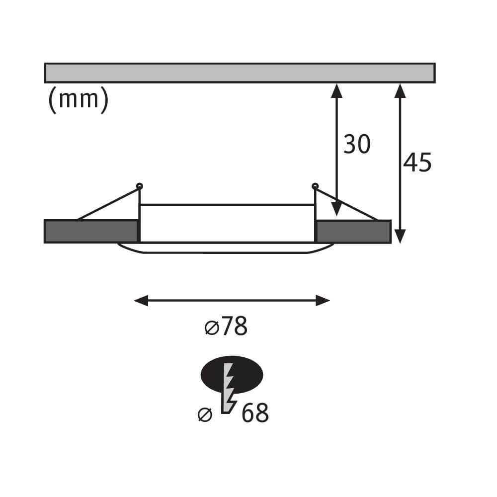 LED Einbauleuchte Coin Slim Dimmbar IP65 425lm 2700K Weiß Maßzeichnung mit Abmessungen und Installationsoptionen.