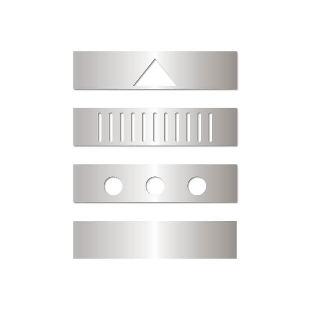 Abbildung von fünf verschiedenen silbernen Design-Elementen, darunter Linien, Dreiecke und Löcher.