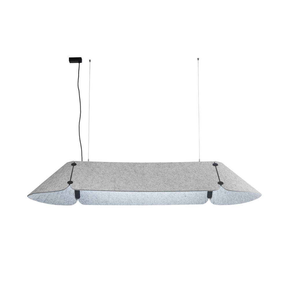 Fonovia LED Büro-Hängelampe 156cm Schallabsorbierend Grau mit schallabsorbierenden Textilplatten.