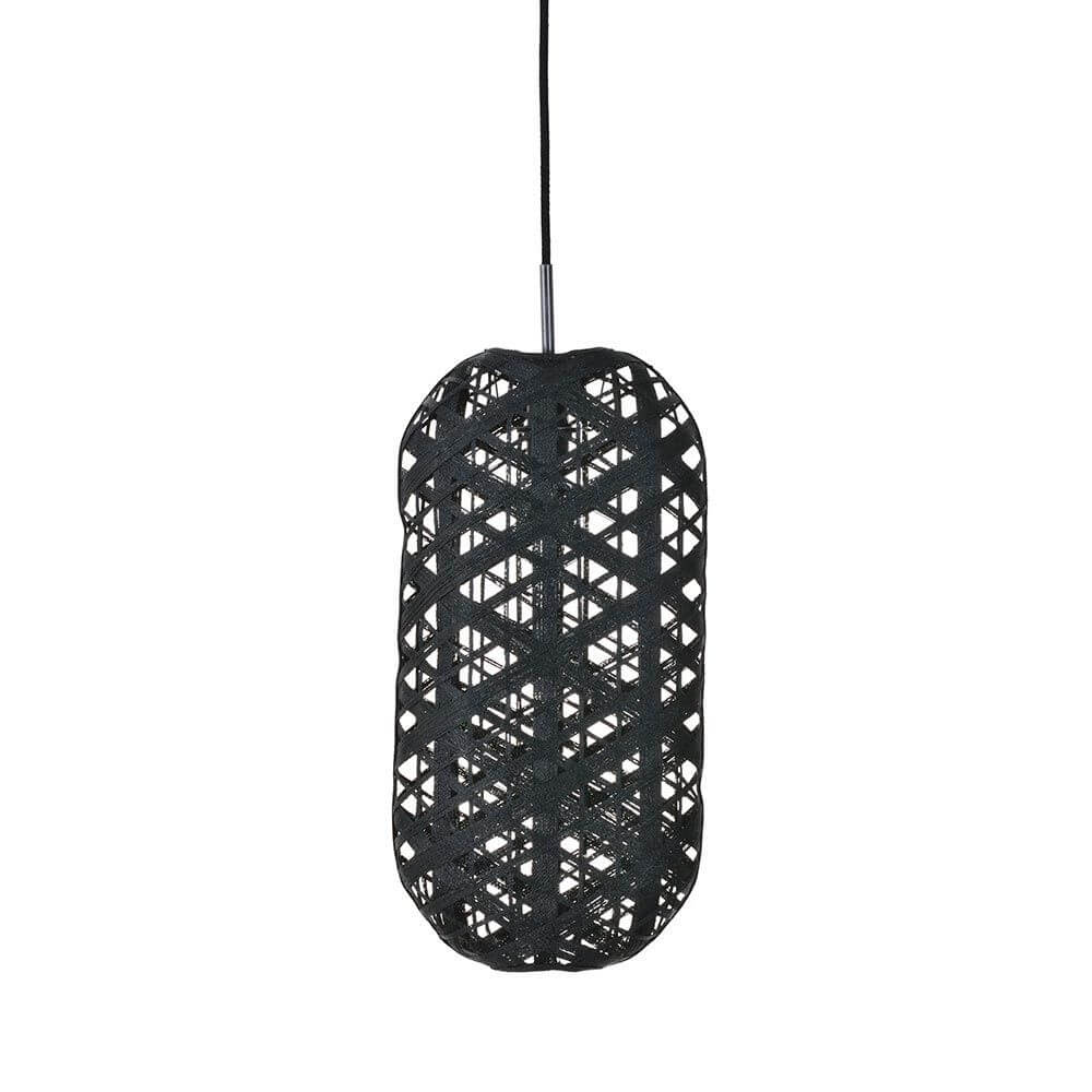 Forestier Bananenblatt-Pendelleuchte Capsule in Schwarz, organischer Stil und handgewebt, zylinderförmig.