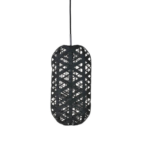 Forestier banana leaf pendant light Capsule in black, organic style and handwoven, cylindrical.