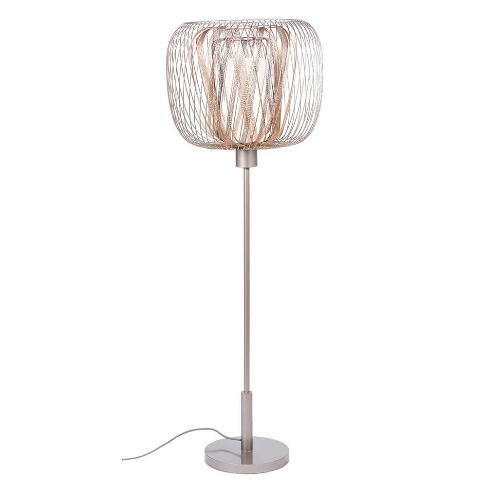 Forestier Design-Stehlampe Bodyless in modernem Design mit gewebtem Metall und weißem Leinen-Diffusor.