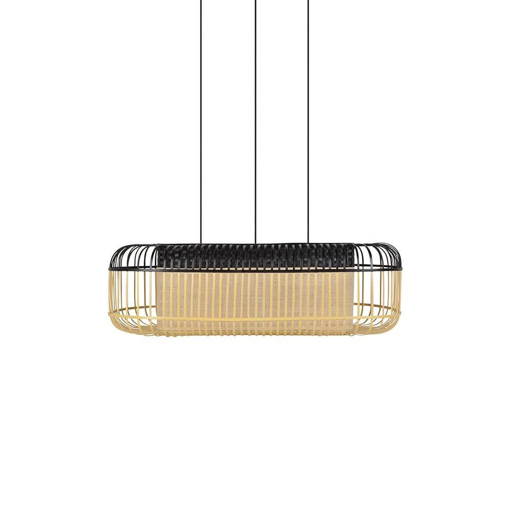 Forestier Esstisch-Hängeleuchte Bamboo Oval mit modernem, zweifarbigen Lampenschirm aus Bambuslatten.