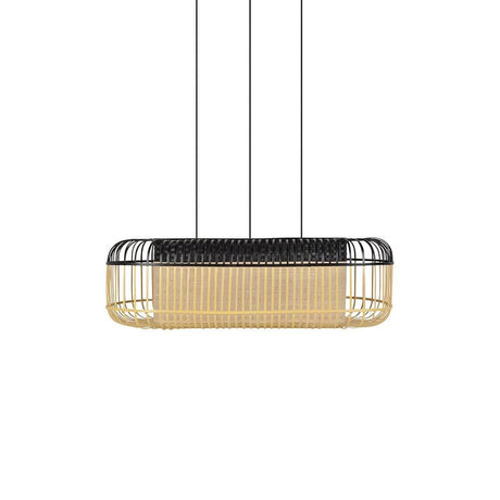 Forestier Esstisch-Hängeleuchte Bamboo Oval mit modernem, zweifarbigen Lampenschirm aus Bambuslatten.