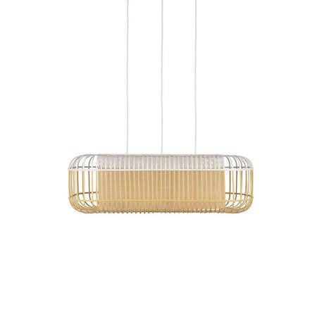 Forestier Esstisch-Hängeleuchte Bamboo Oval in schlichtem Zen-Stil mit zweifarbigen Bambuslatten.