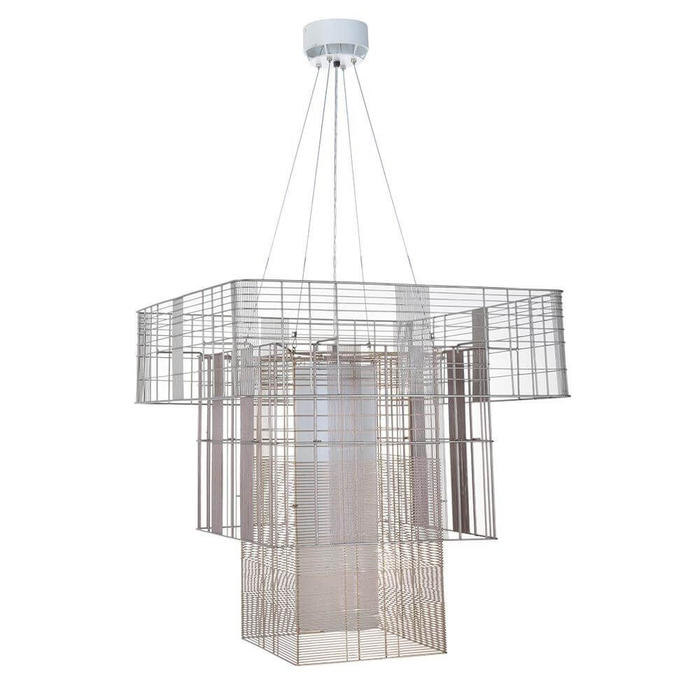 Forestier Hängeleuchte Mesh Cubic 117cm in modernem Design mit drei verschiedenen Schirmen in trendigen Farben.