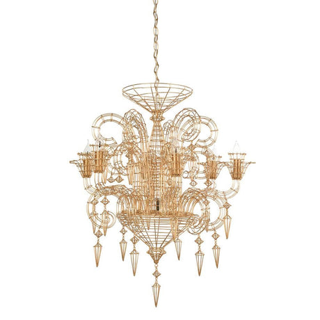 Forestier Metall-Kronleuchter Gloria Ø 75cm in Gold - moderner Kronleuchter mit offenem Drahtrahmen und LED-Beleuchtung.