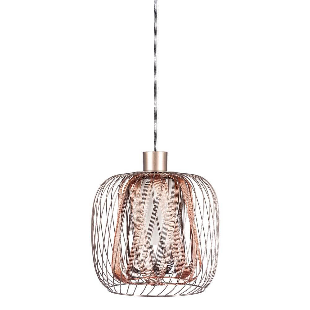 Forestier Pendelleuchte Bodyless in Pink Grey, modernes Design mit gewebtem Metall und weißem Leinen-Diffusor.