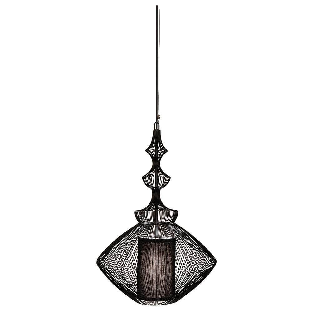 Forestier Pendelleuchte Opium in schwarzem Metall mit orientalischem Design und zylindrischem Inneren.