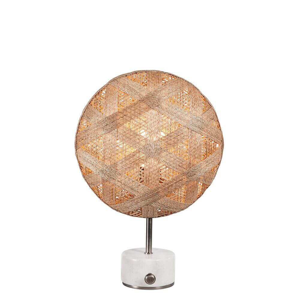 Forestier Tischlampe Chanpen Hexagonal mit runder Hanffaser-Schirm und weißem Fuß