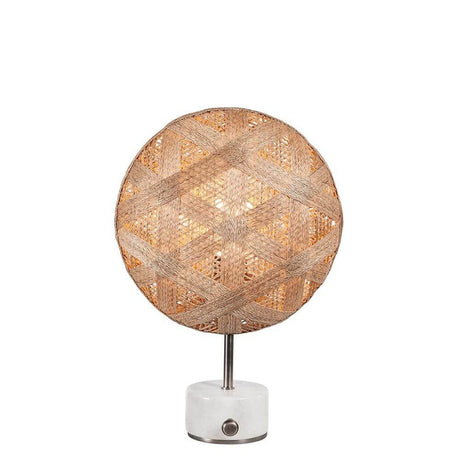 Forestier Tischlampe Chanpen Hexagonal mit runder Hanffaser-Schirm und weißem Fuß