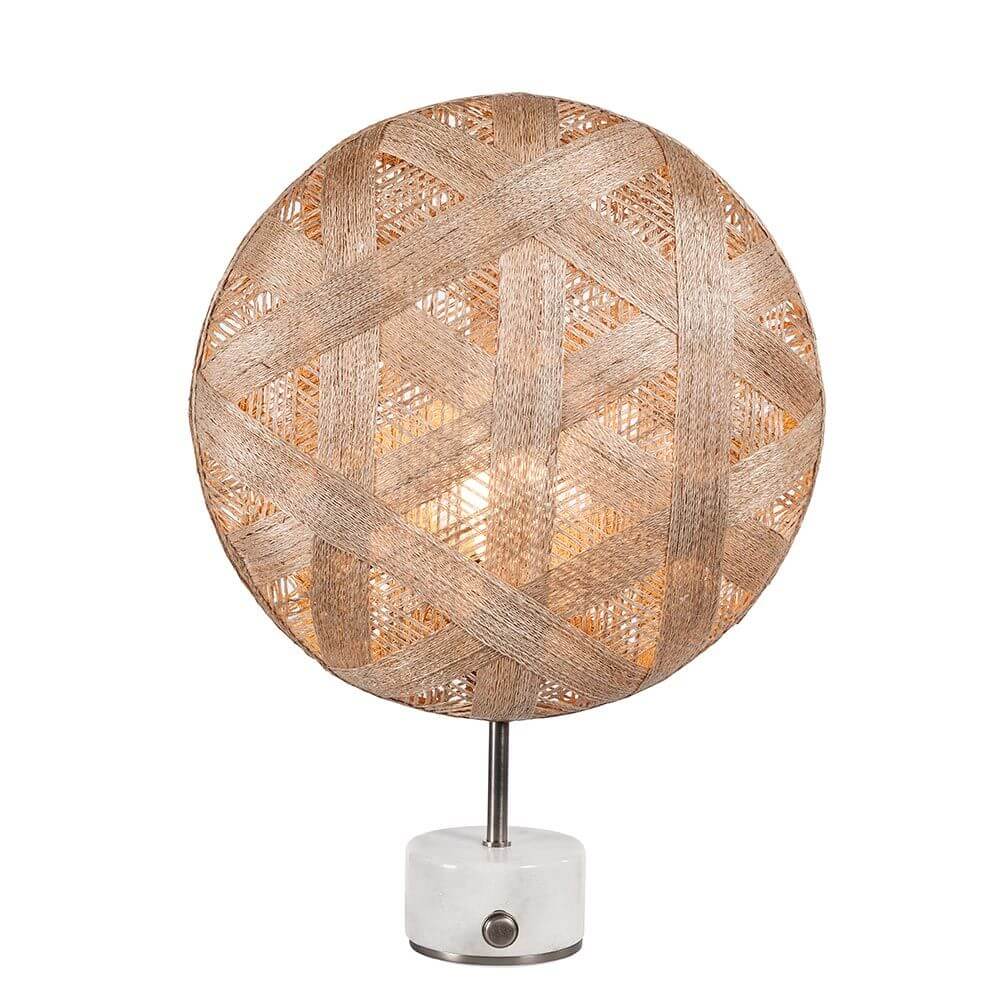 Forestier Tischlampe Chanpen Hexagonal mit runder Hanffaser-Leuchte und Drehdimmer.