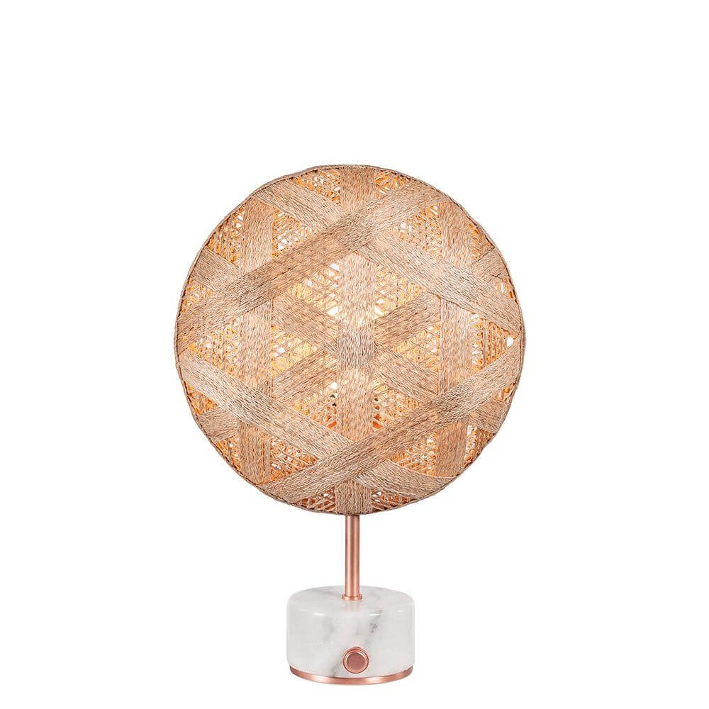Forestier Tischlampe Chanpen Hexagonal mit hexagonalem Schirm aus Hanffasern und Drehdimmer am Fuß.