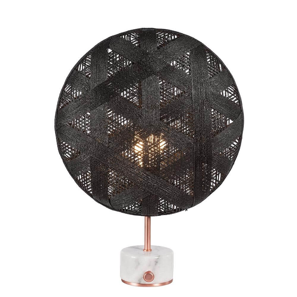 Forestier Tischlampe Chanpen Hexagonal mit runden, hanffaserbespannten Schirm und Drehdimmer.