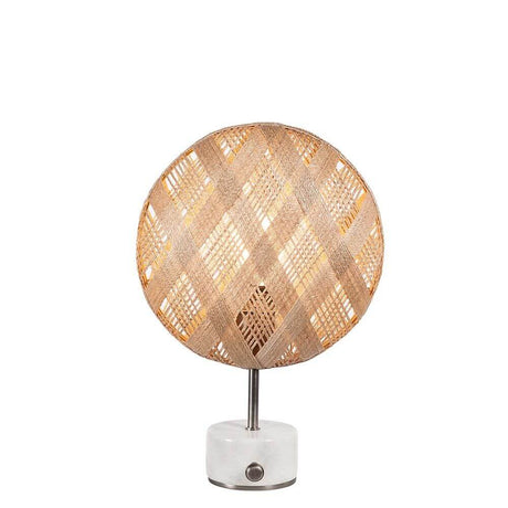 Forestier Tischleuchte Chanpen Diamond mit runder Hanffaser-Schirm und Drehdimmer.